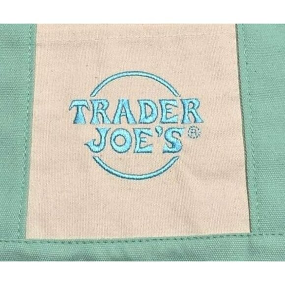 Trader Joes Canvas Tote Bag Mint Green Beige Reusable Grocery Book Sack Travel - Picture 3 of 6